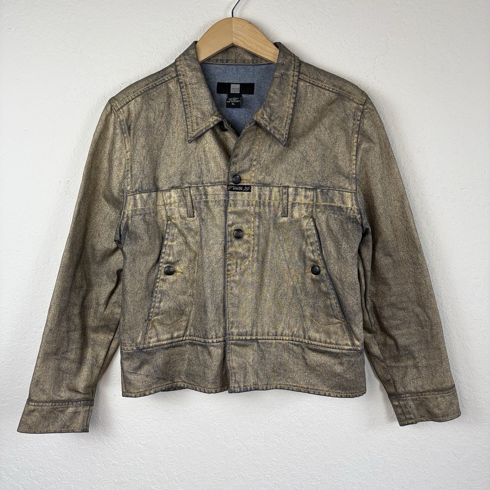 Vintage Y2K Marithe Francois Girbaud Denim Jacket Womens XL Gold Coated Grunge